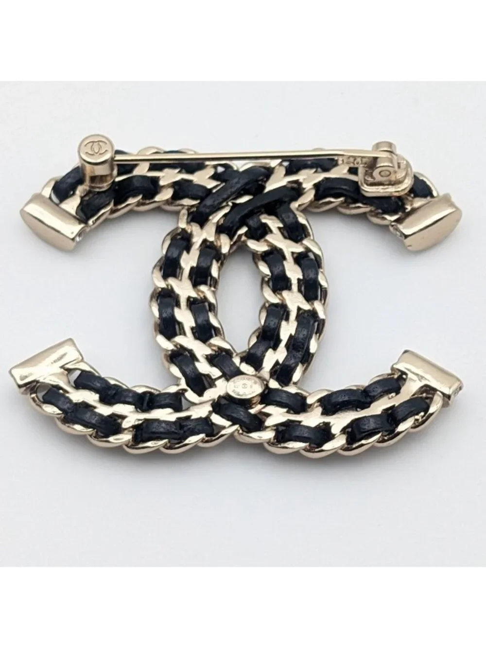 Chanel Brooch CC Logo Leather Chain Gold Black Rhinestone Recent
